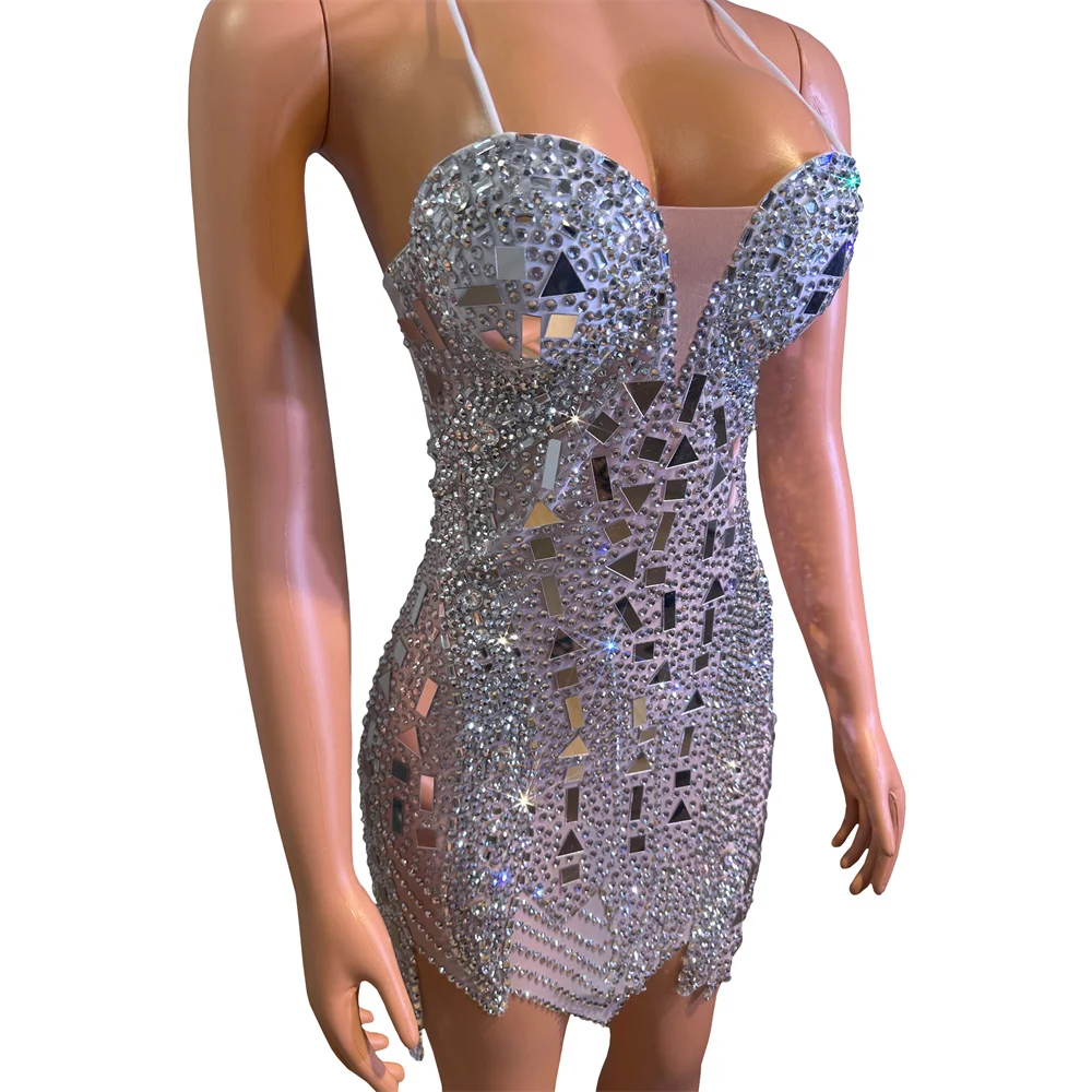 Silver Mirror Rhinestones Tight Short Dress Sexy Women Singer Bar Nightclub Stage Wear Club Party Birthday Cocktail Show Costume