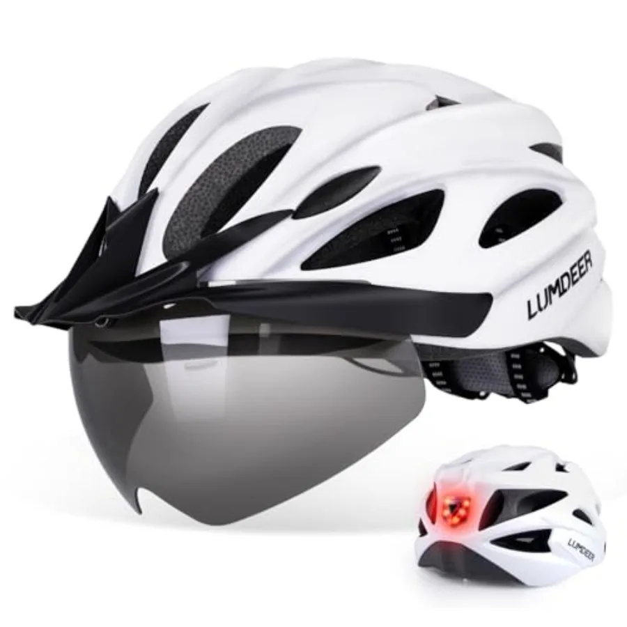 

Adult Bike Helmet for Cycling and Commuting, Bicycle Helmet with Rear LED Light and Magnetic Goggles and Removable Sun Visor, M