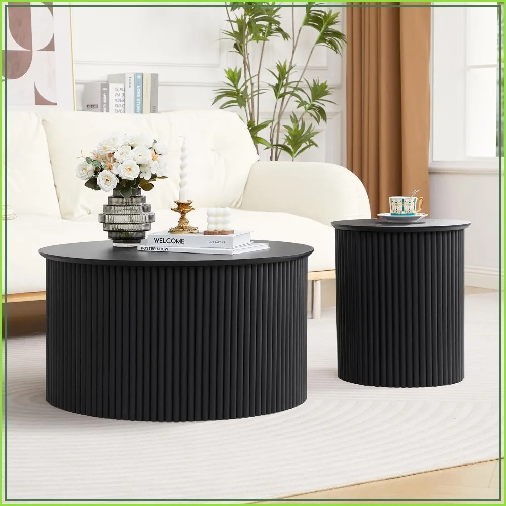 Fluted Round Nesting Coffee Table Set of 2 Circle Center Table for Living Room