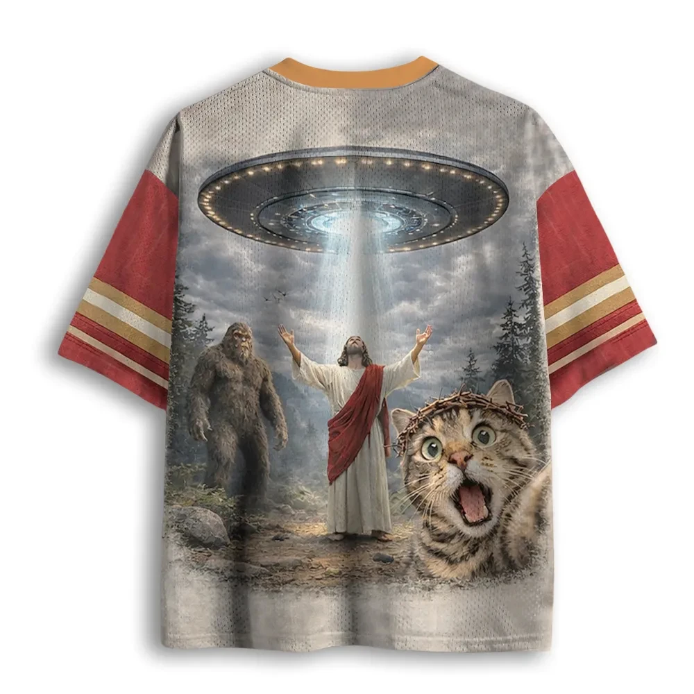 2026 Summer Fashion Gothic Alien and Jesus Cat Shock 3D Printed T-shirt Speed Drying Outdoor Sports Leisure V-neck T-shirt Large