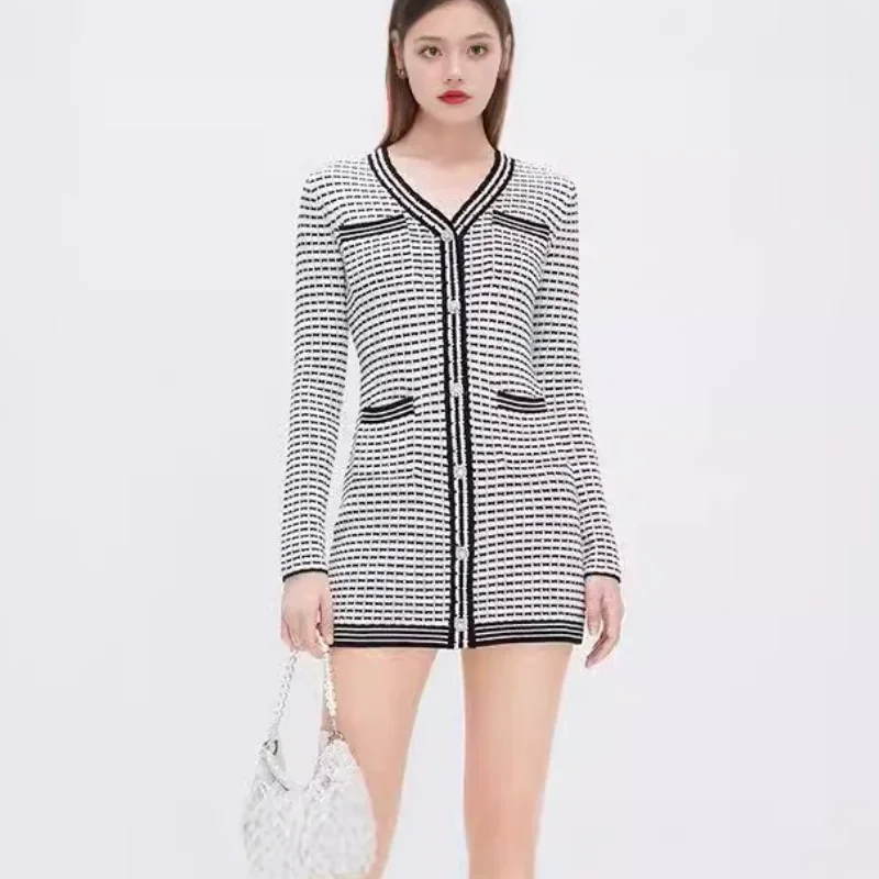 

2024 Summer Women V Neck Slim Dress Single Breasted Pockets Elegant Ladies Mini Dress