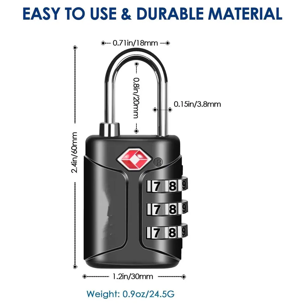 TSA Approved Luggage Locks, Combination Travel Padlock, 3-Digit Waterproof Lock, TSA Accepted Outdoor Keyless Resettable Lock