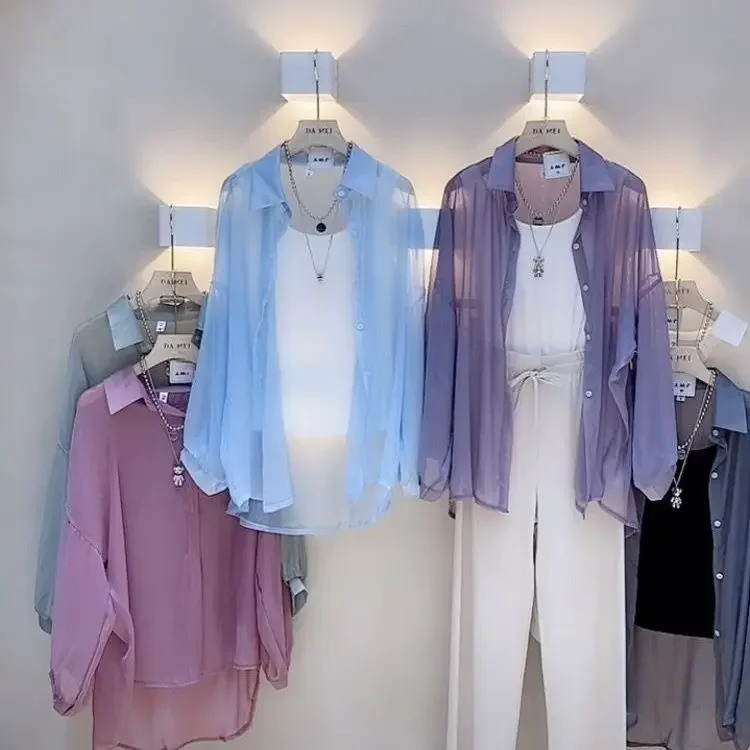 Shiny Pearlescent Chiffon Long-sleeved Sunscreen Shirt Women's Spring and Summer Loose Versatile Shirt Air-conditioning Shirt