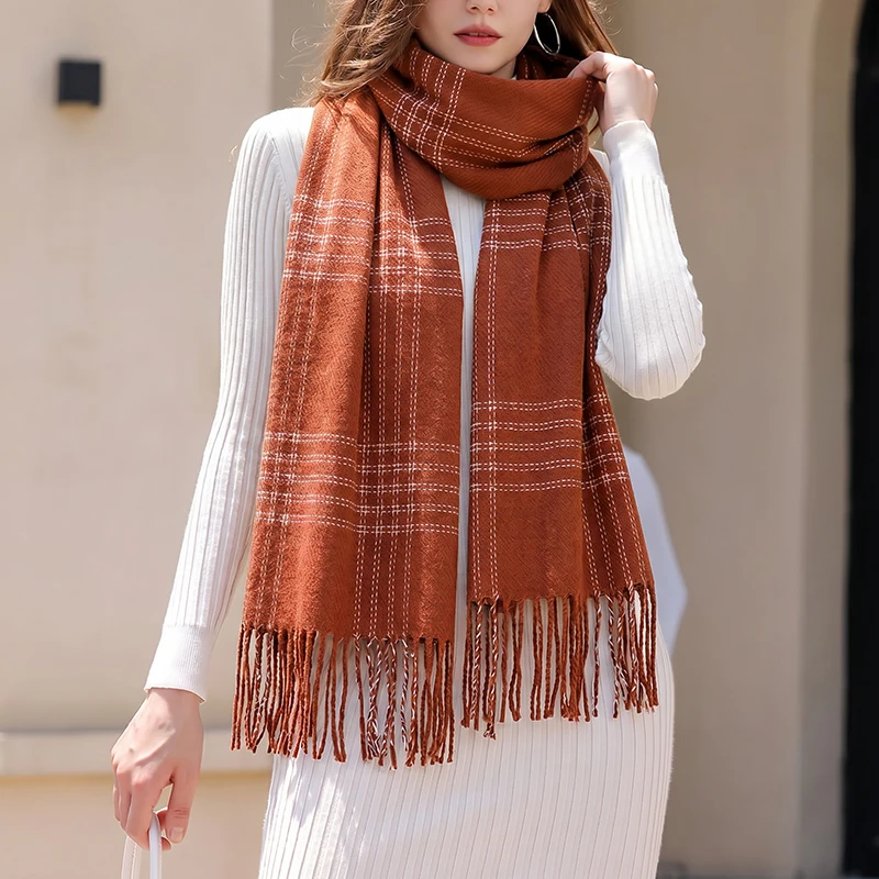 

Luxury Scarf Cashmere Plaid Fringe Winter Warm Scarves Classic Cozy Shawl Wrap Neck Scarf for Ladies Office Casual Wear Gifts