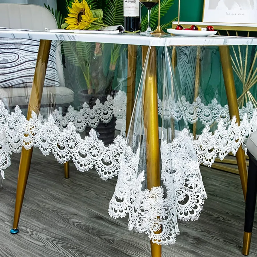 

Plastic Clear Rectangle Tablecloth Vinyl PVC Waterproof Tablecloth Embroidered Lace Edge Transparent Table Cover for Kitchen Din