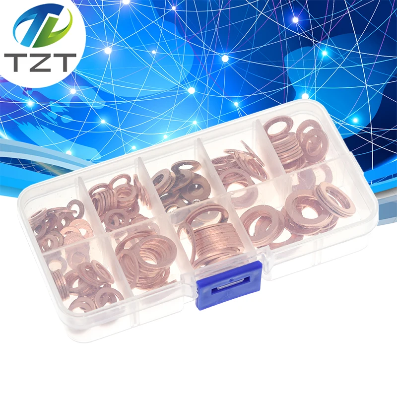 200pcs M5-M14 Professional Assorted Copper Washer Gasket Set Flat Ring Seal Assortment Kit with Box For Hardware Accessories