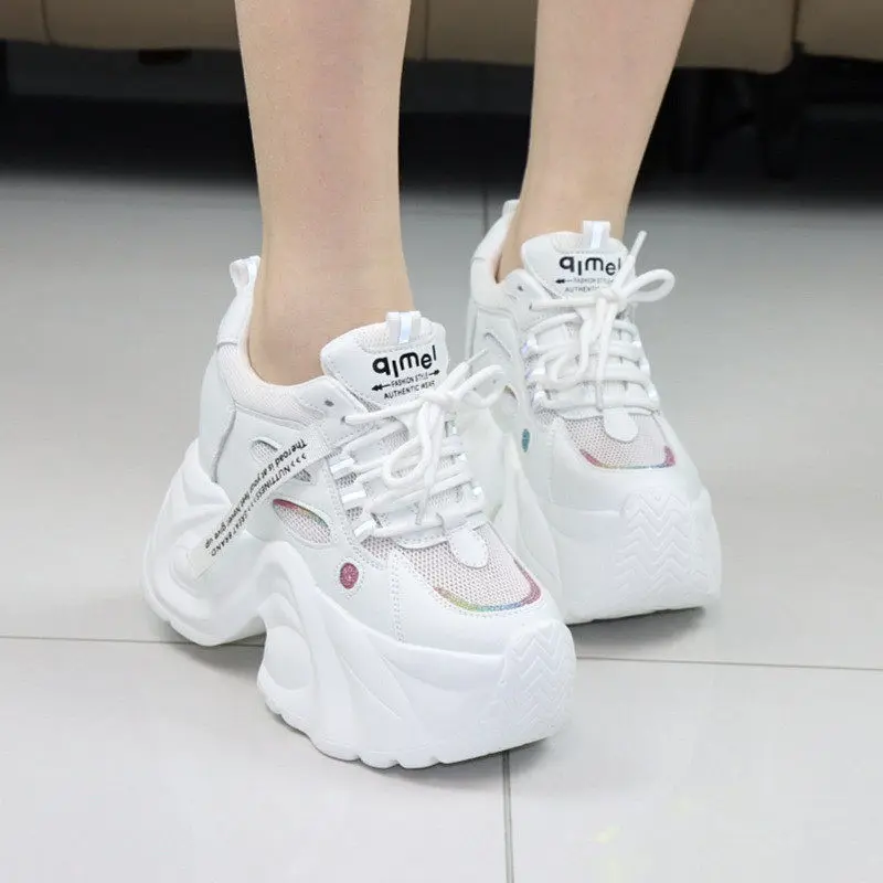 Ladies 10CM Platform White Sneakers Breathable Mesh Casual Shoes 12CM Elevator Thick Sole Dad Shoes