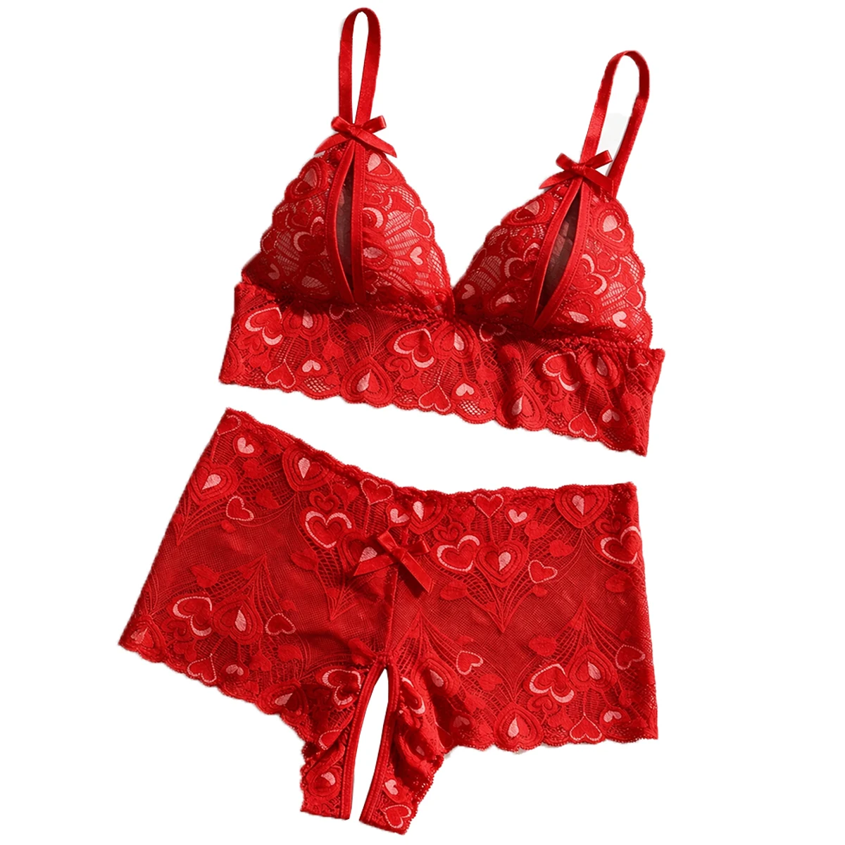Sexy Lingerie Set For Women Piece Sheer Lace Crotchless Bra Panty Heart Cutout Open Bust Strappy Bow See Through Valentine Gift