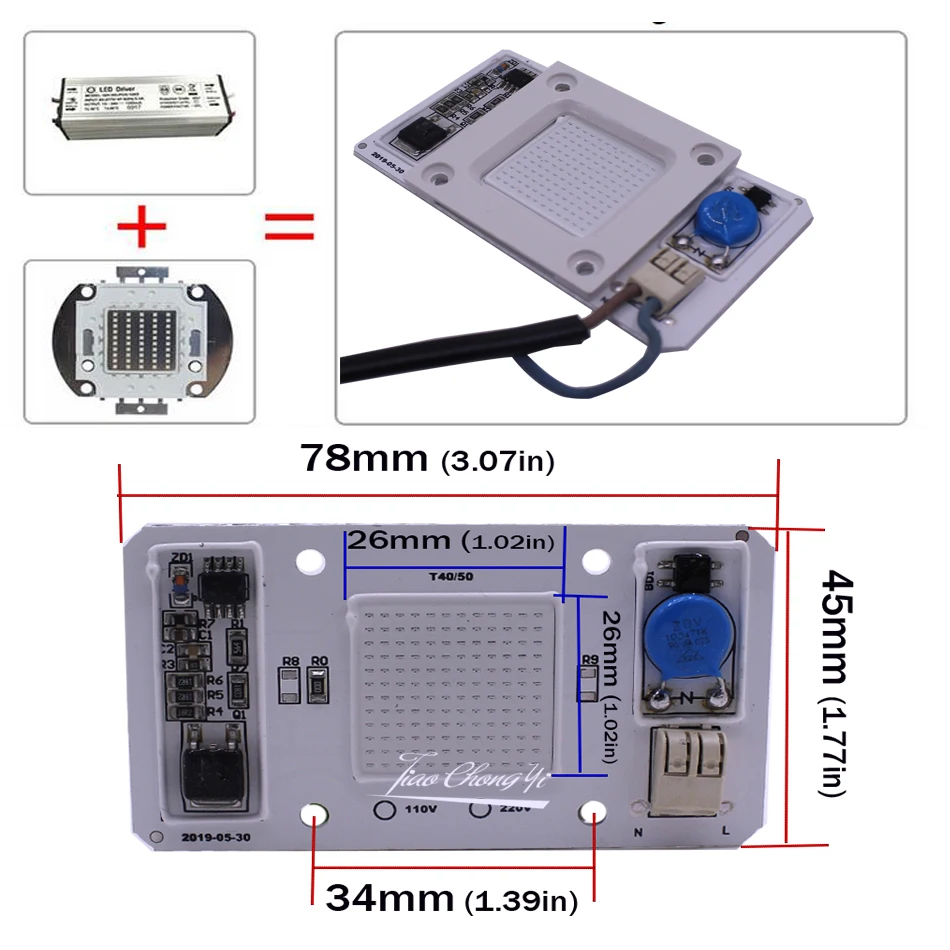 50W Led COB UV Lamp Chip Smart IC 110V/220V 395nm 400nm DOB AC Ultraviolet +Heatsink+12V 1.25A LED Power