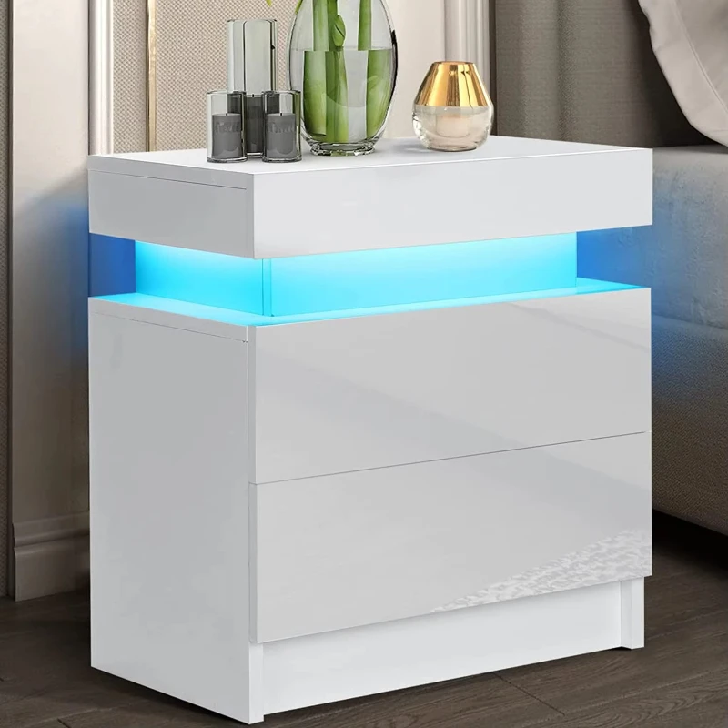 Light Emitting Diode Bedside Table White Modern Bedside Table with 2 Highlight Drawers Wooden Bedside Table