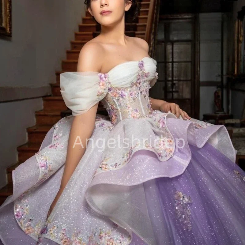 Angelsbridep ชุดหรูหรา vestido de 15 años ชุดเดรส quinceanera ชุดไปงานเต้นรำสีขาวและสีม่วงชุดเดรสปาร์ตี้เย็นมีระบายสำหรับเด็กผู้หญิง