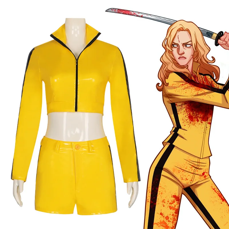 

Action Movie Kill Bill Cosplay Costume The Bride COS Uniform Yellow Suit Set Tight Navel Exposed Leather Jacket Halloween Women