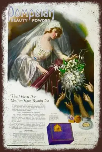 Pompeian Beauty Powder Bride Advert Aged Look Vintage Retro Style Metal Sign