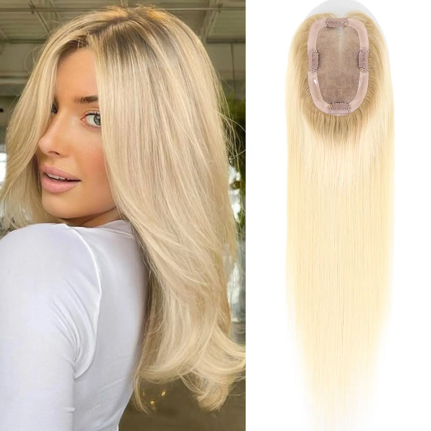 16" Blonde Human Hair Toppers Dark Roots For Women Brown Hair Piece Straight Hair Clip In Toppers Extensions For Woman Toupee
