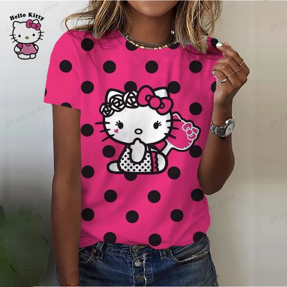 Hello Kitty Cartoon Print T Shirt Women Kawaii Graphic Shirts Casual Short Sleeved Colour Female Tee O-neck Harajuku T-shirts