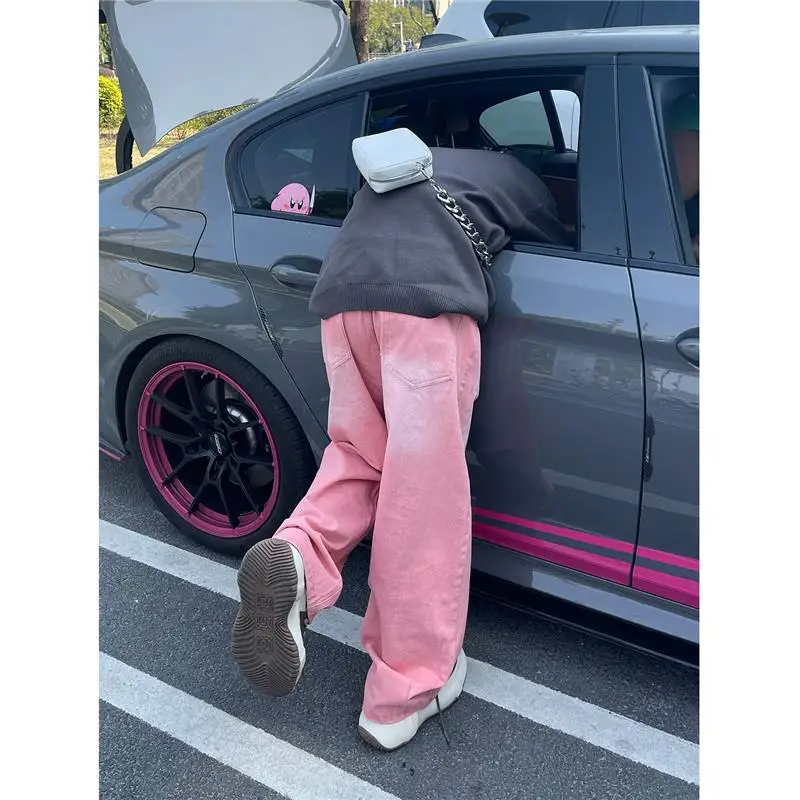 Jean rose à jambes larges pour hommes, pantalon basique droit, coupe ample, décontracté, taille moyenne, Long, scène de Sport