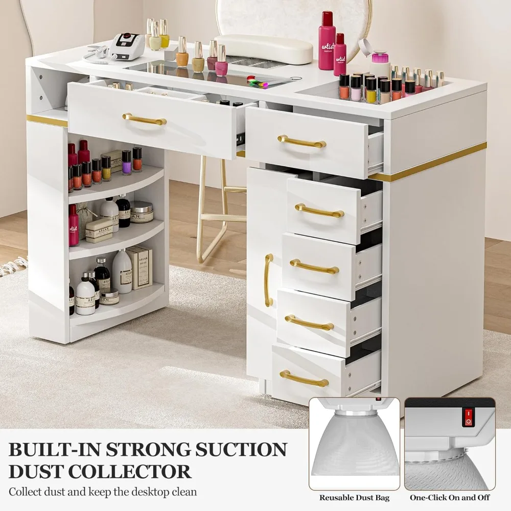 

Manicure Table Nail Station for Nail Tech, Glass Top Nail Table Acetone Resistant W/Dust Collector, 7 Drawers & 3-Tier Shelves