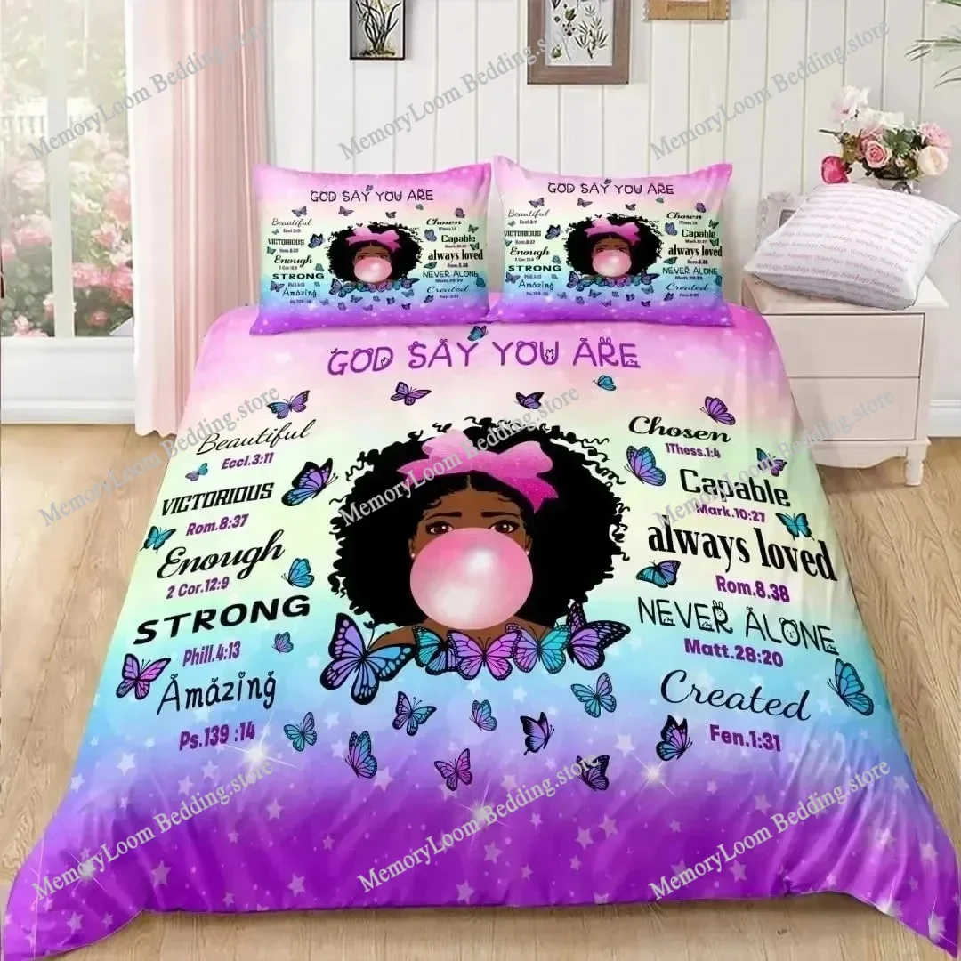 

American Black Girl Duvet Cover Set,Black Girl Magic Bedding Set Full Size, Little Afro Black Princess Comforter Quilt Cover