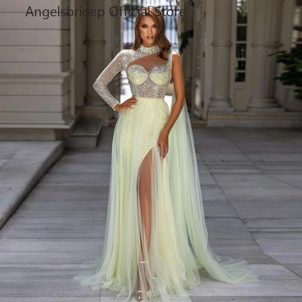 

Angelsbridep Tulle Prom Dresses Glitter Sequins Mermaid Evening Gowns Sexy Leg Slit Party Dress Vestidos De Ocasión Formales