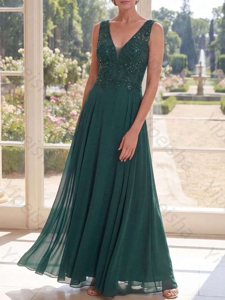 Customized V-Neck Chiffon Sleeveless Mother of The Bride Dresses Elegant Backless Evening Dress High Quality Prom Party Gowns