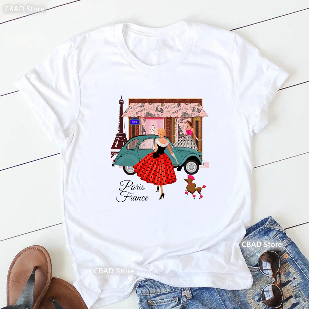 

Funny Tshirt Girls Poodle Love Paris Eiffel Tower Print T Shirt Women Clothes 2023 Summer Fashion T-Shirt Female Harajuku Shirt