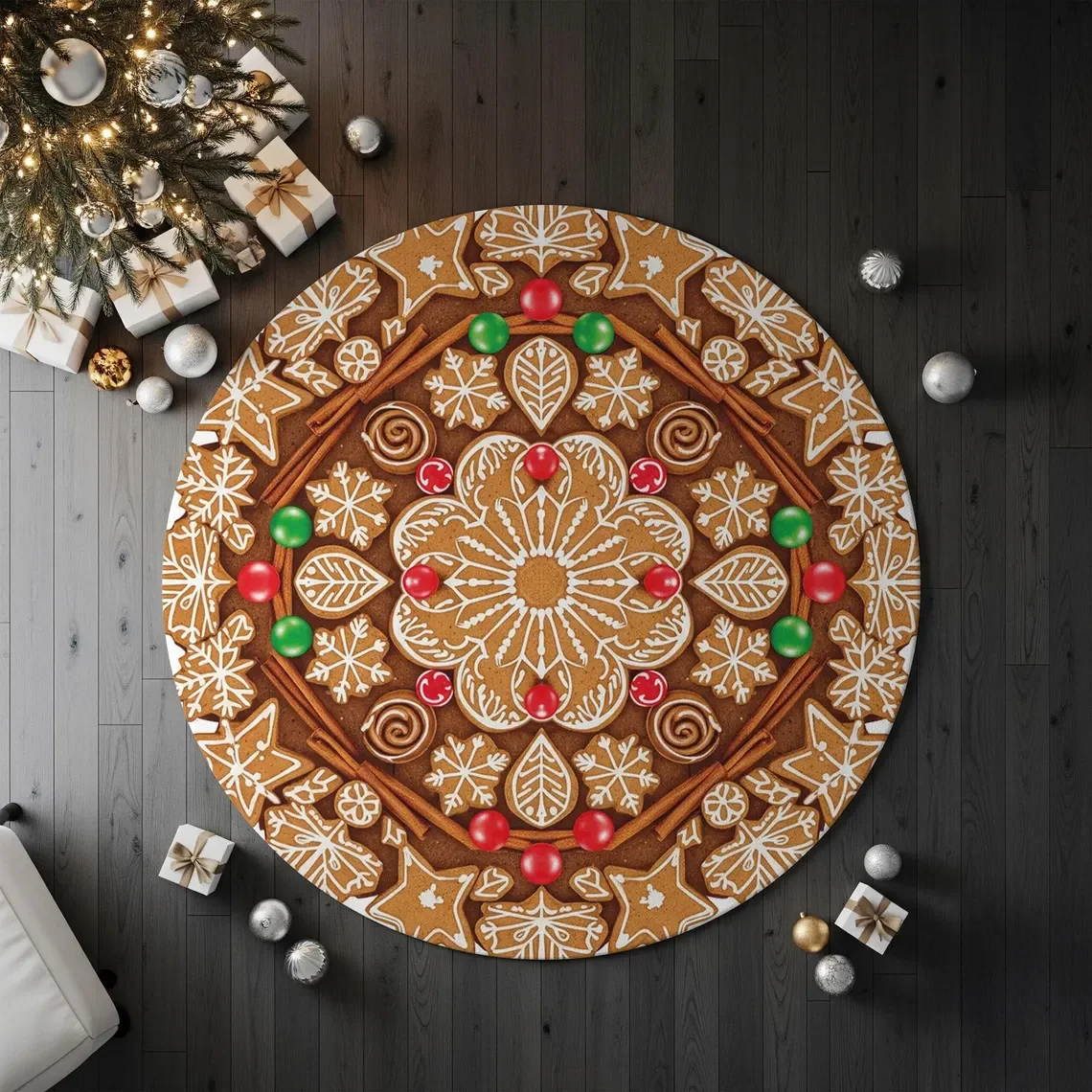 

Gingerbread Man Round Rug – Washable Holiday Floor Mat for Living Room, Bedroom or Chair Area Decor