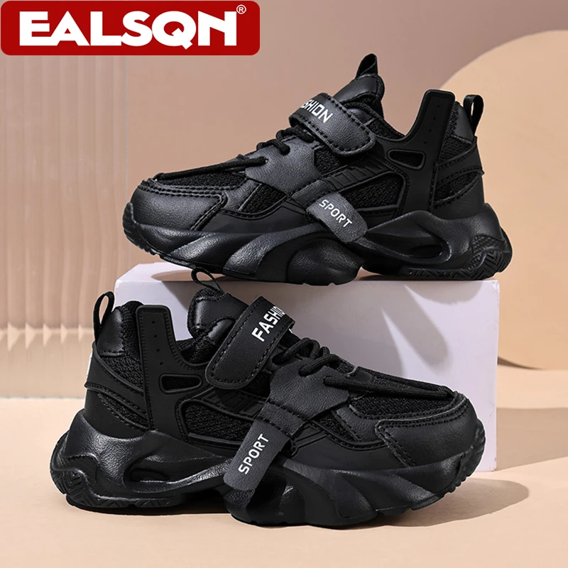 Kids Black Sneakers Spring Autumn Breathable Mesh Boys Girls Sport Shoes Hook & Loop Non‑Slip Casual Children Running Shoes