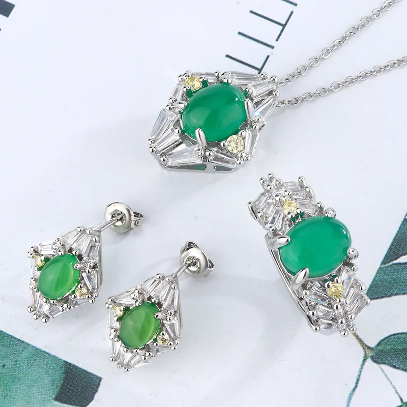 925 Silver Jewelry 3pcs Set Inlaid With Egg Face Emerald Chalcone Earrings Necklace Ring Emerald Agate Set Party Wedding Gift