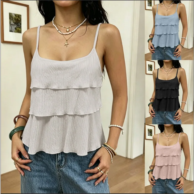 Layered Ruffle Spaghetti Strap Top Female Square Neck Textured Sleeveless Vest Summer Casual Daily Basic Camisole Tank Shirt