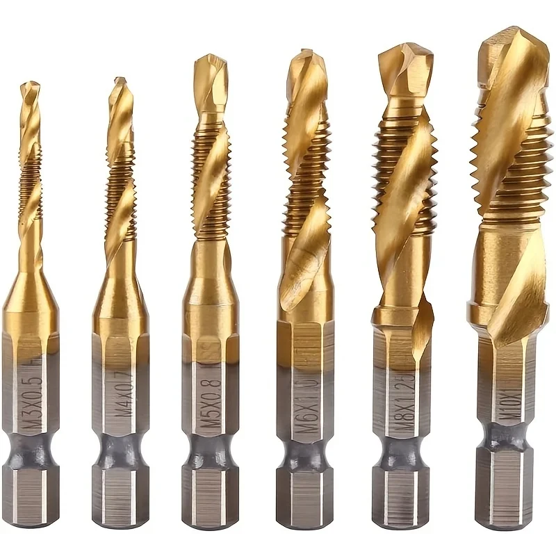 6pcs Titanium Drill Tap Combination Bit Set - Metric Thread M3 M4 M5 M6 M8 M10 Taps Tool for Screw Tapping Countersink Drilling