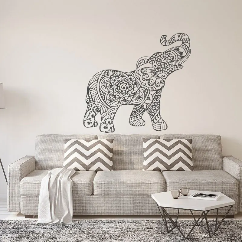 Indian Mandala Elephant Vinyl Wall Decal Bohemian Intricate Floral Art Sticker Removable Mural For Yoga Studio Meditation 3A52