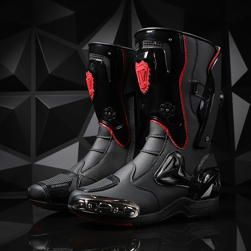 

Men Leather Motorcycle Boots Moto Riding Waterproof Motocross Boots Motorcycle Racing Race Mid-Calf Shoes Black Motorcycle Shoe