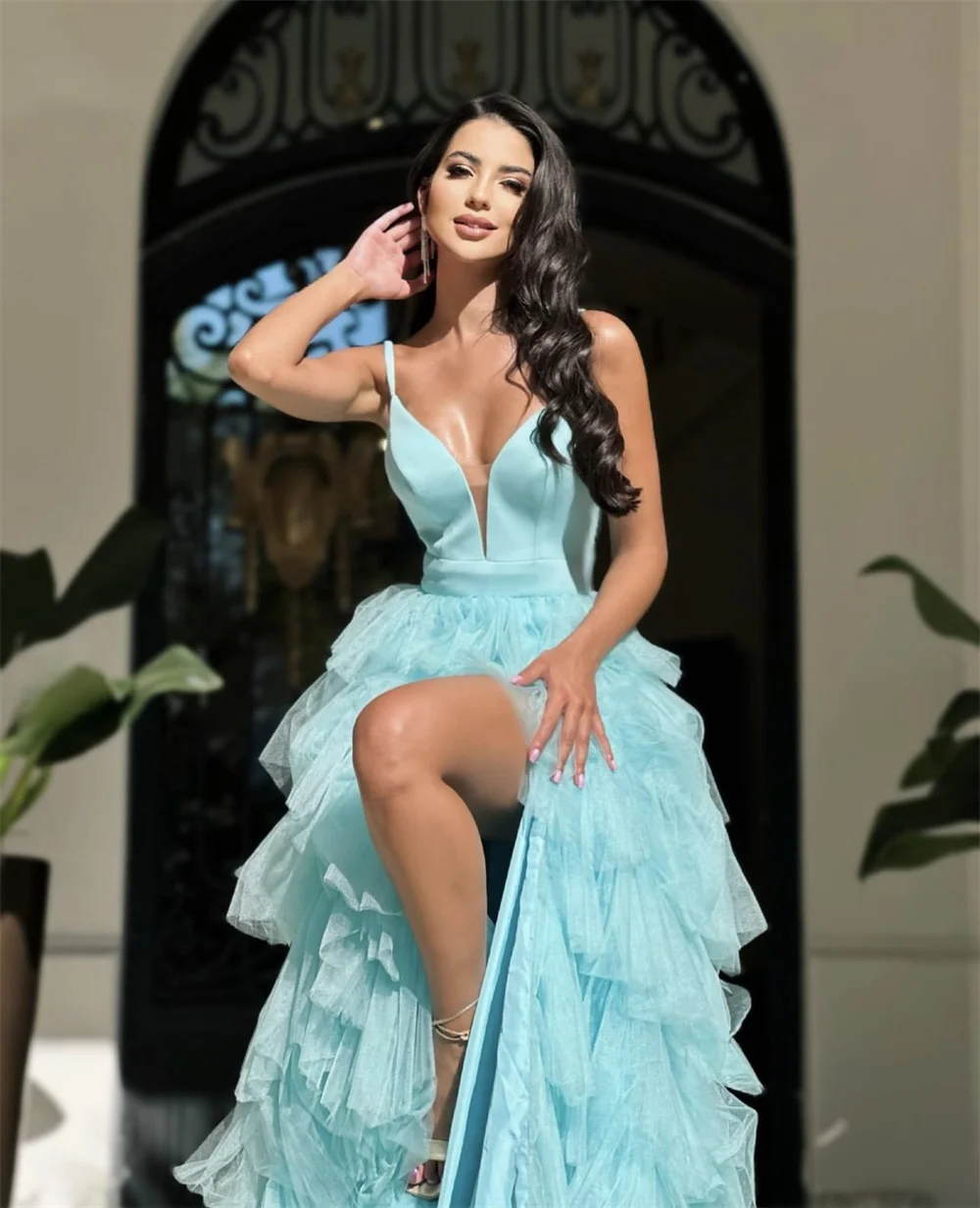 Jessica Sky Blue Prom Dress V-neck Tulle Layering Evening Dresses 2024Vestidos De Noche Formal Occasions Graduate Party Dress