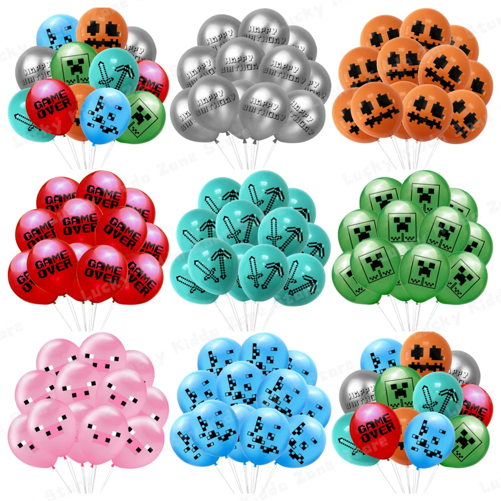 12/24pcs Miner Crafting 12 Inch Pixel Game Latex Balloons Set For Kids Baby Shower Boys Birthday Party Decorations Supplies Toys