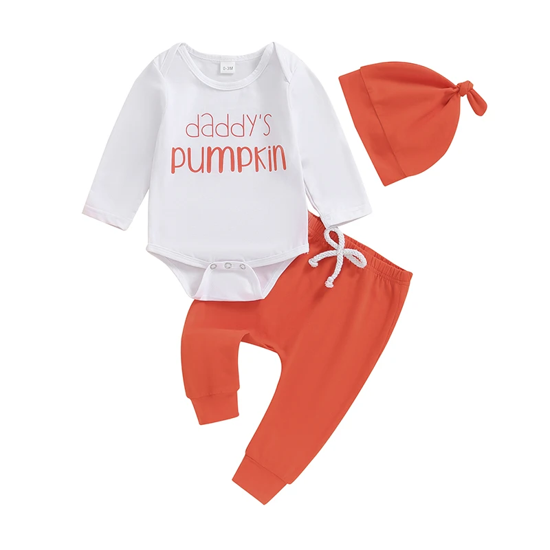 Newborn Baby Boy Girl Halloween Outfits Long Sleeve Letter Print Romper Solid Elastic Waistband Pants Hat