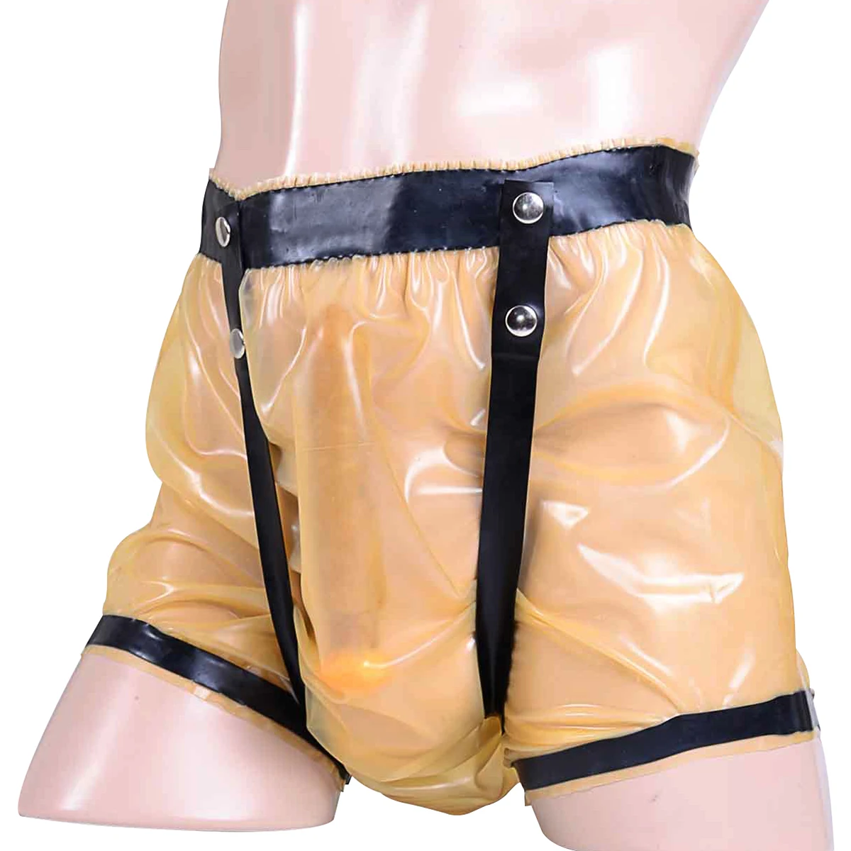 

Transparent And Black Sexy High Waist Latex Briefs With Belt Buttons Frills Loosely Rubber Diaper Shorts Underwear Pants DK-0298