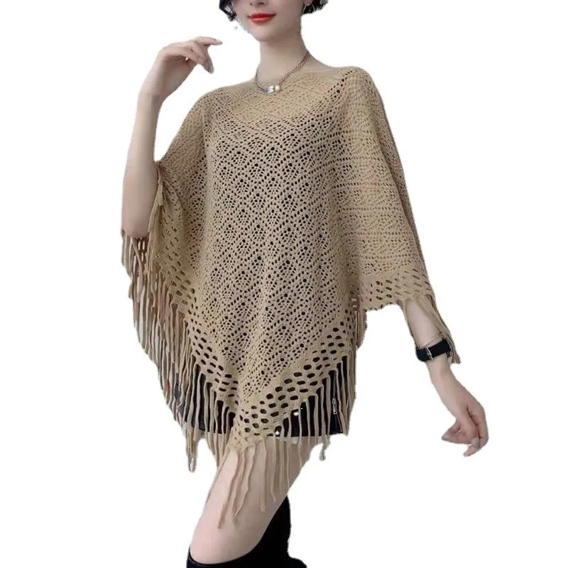 New Pullover Coat Cape Women Hollow Out Knitting Poncho Capes Batwing Sleeves Shawls Beach Bikini Sunscreen Solid Cloak