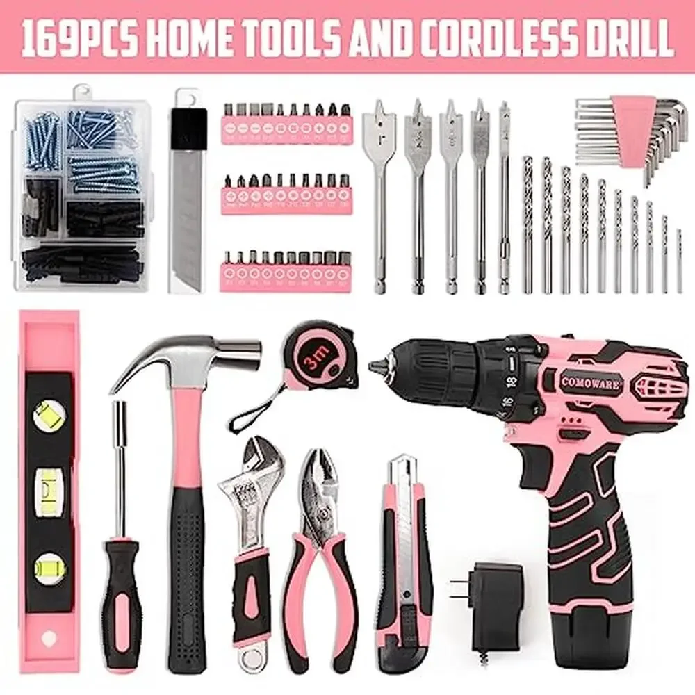 12V Pink Cordless Drill Kit Women's Home Repair Hand Tool Set DIY Large-Capacity Hammer Wrench Bits Storage Bag Alloy Coating