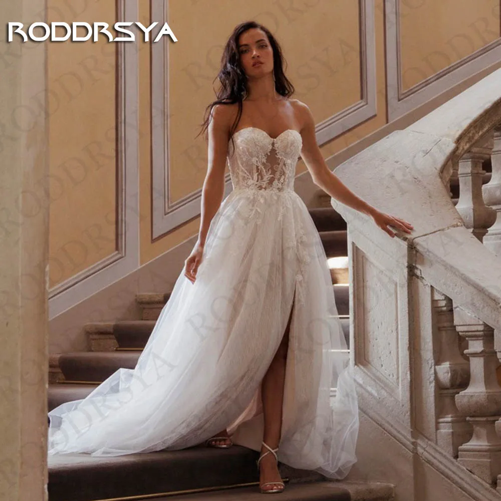 RODDRSYA بدون حمالة فستان زفاف تول vestidos novias boda حبيبته رقبة دانتيل بخط منقسم يزين عاري الظهر فستان زفاف فستان الزفاف الشيفون بلا حمالة مع Vestidos Novias بودا سويت طوق التعادل فساتين العرائس