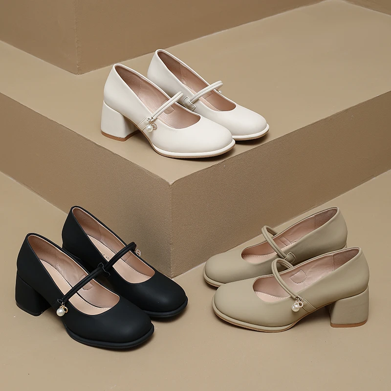

2025 New Spring Autumn Women's Fashion Elegant Mary Jane Chunky Heel Shoes Pearl Rhinestone Decor Round Toe Shoes Женская Обувь