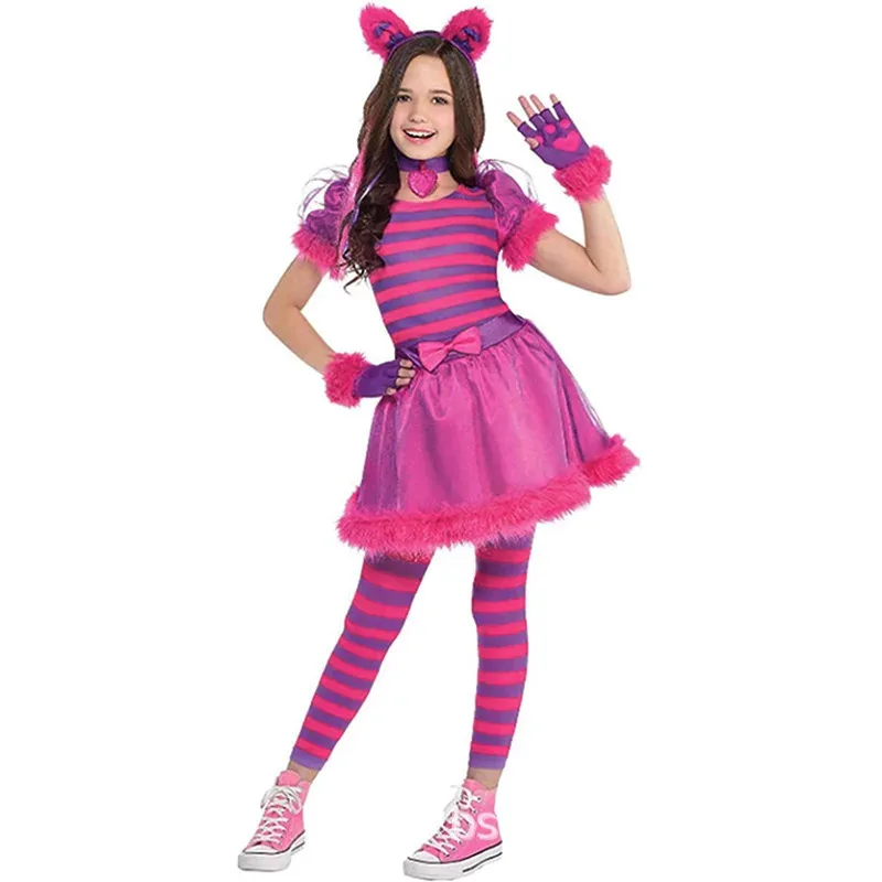 2025 22 crianças alice cosplay cheshire gato traje rosa roxo dos desenhos animados tule festa para meninas halloween fantasia vestido