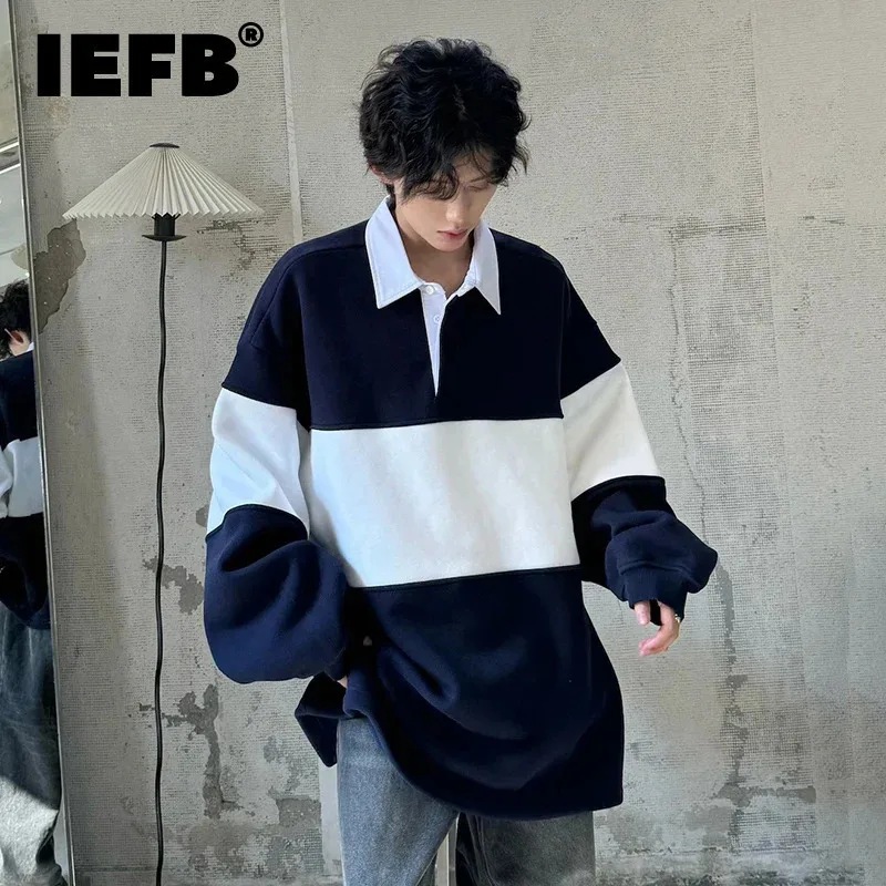 IEFB Niche Design Men\'s Sweatshirt Patchwork Turn-down Collar New Autumn Treny Loose Male Pullover Tops Casual Menwear 9C7408