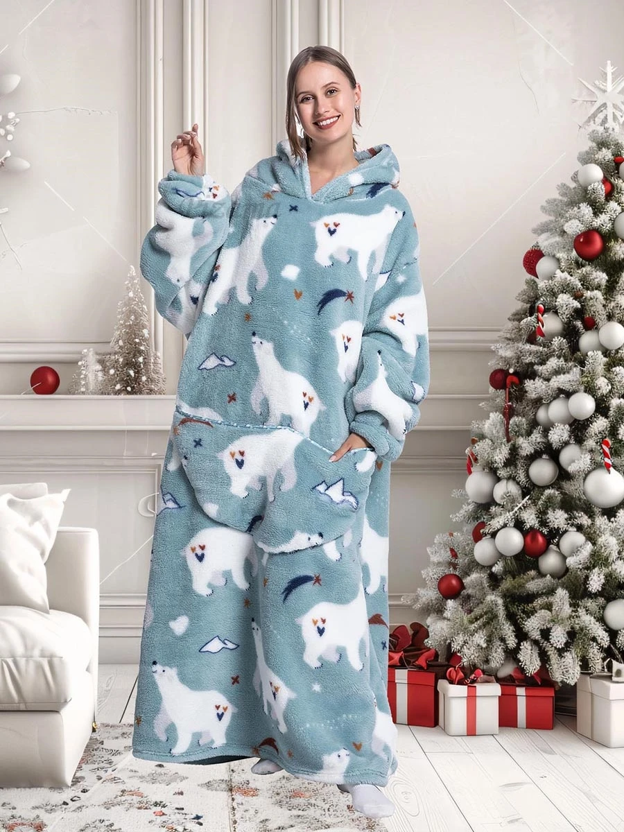 Winter Warm Flannel Polar Bear Plus Size Ladies Hoodies Christmas Gifts Oversized Women\'s Wearable TV Blankets Sherpa Plus Size