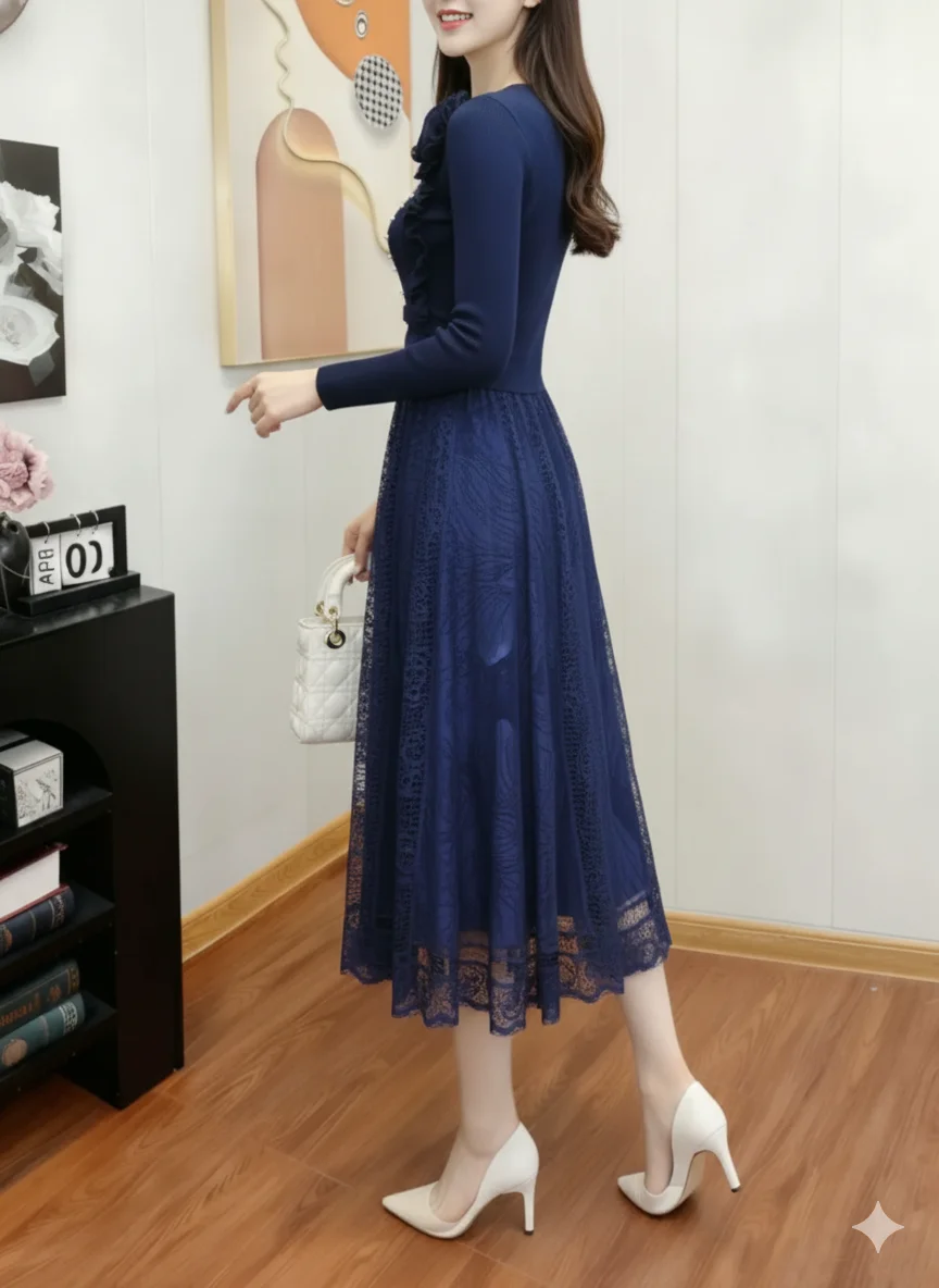 

Miyake Pleated 2026 New Long Autumn and Winter Long-sleeved Dress Fashion Pleated Dress Lace Splicing Skirt Versatile Pleated