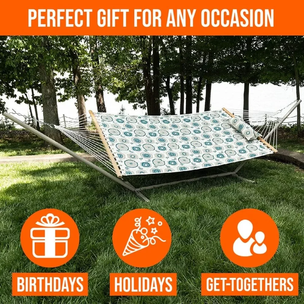 Living 2 Person Quilted Hammock with Patented KD Space Saving Stand & Detachable Pillow, Designed in The USA, Compact Heavy Duty