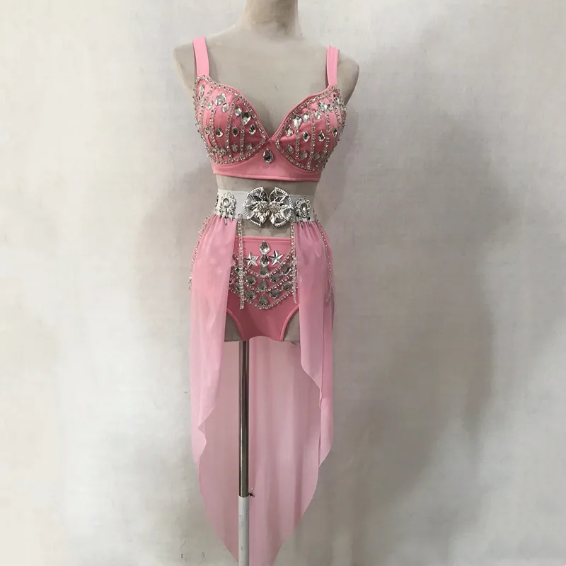 Bar Nightclub DJ Sexy Stage Wear Women Team Performance Dance Costume Pink Rhinestones Bikini Belt 3 Piece Set Festival Outfits