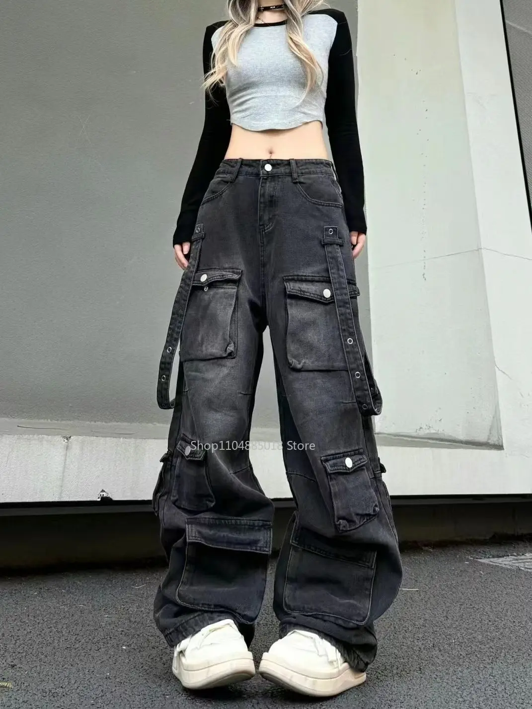 

American Retro Hip Hop Washed Y2k Jeans Women Loose Multi Pocket Denim Trousers Work Wear Casual Cargo Pants Pantalones