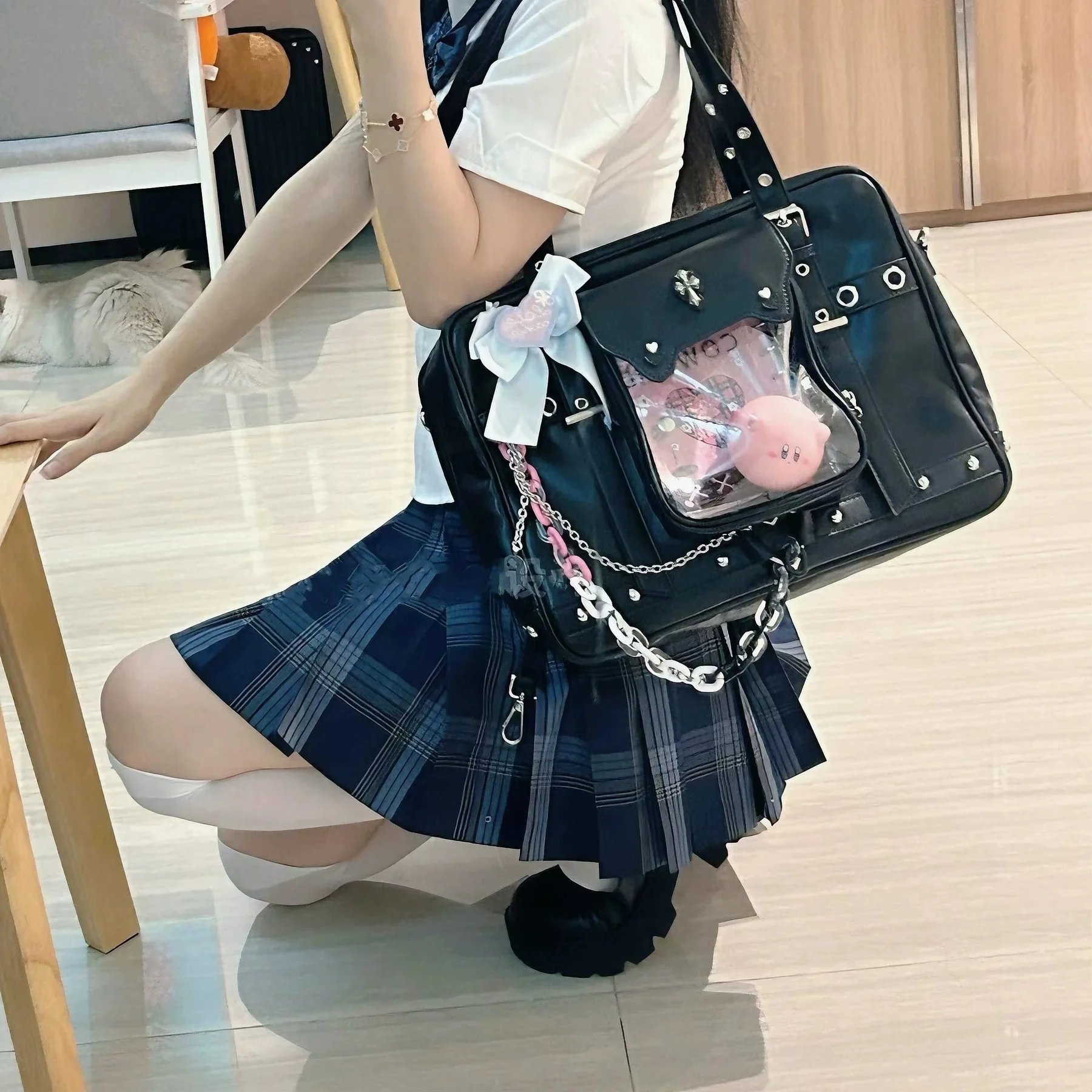 Y2K Black Ita Shoulder Bags Harajuku Girl Transparent Bag Fashion Women Large Capacity Casual Tote Bag Cute DIY Display Handbags