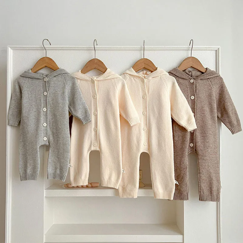 2024 New Autumn Winter Toddler Baby Boys Girl Knitted Romper Long Sleeved Solid Color Hooded Infant  Baby Knitted Jumpsuit