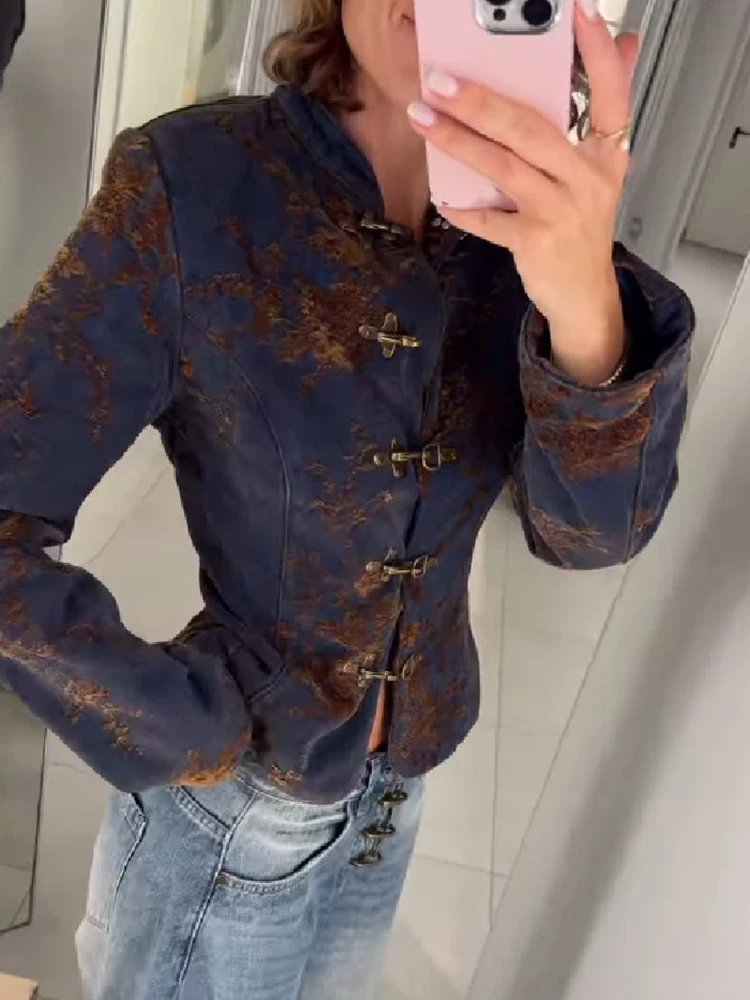 Vintage-Jacke mit Blumenmuster, kurz, für Damen, im chinesischen Stil, mit Stehkragen, Schnallenverschluss, schmal geschnitten, kurze Oberbekleidung, schicker Damenmantel. – Detail 5